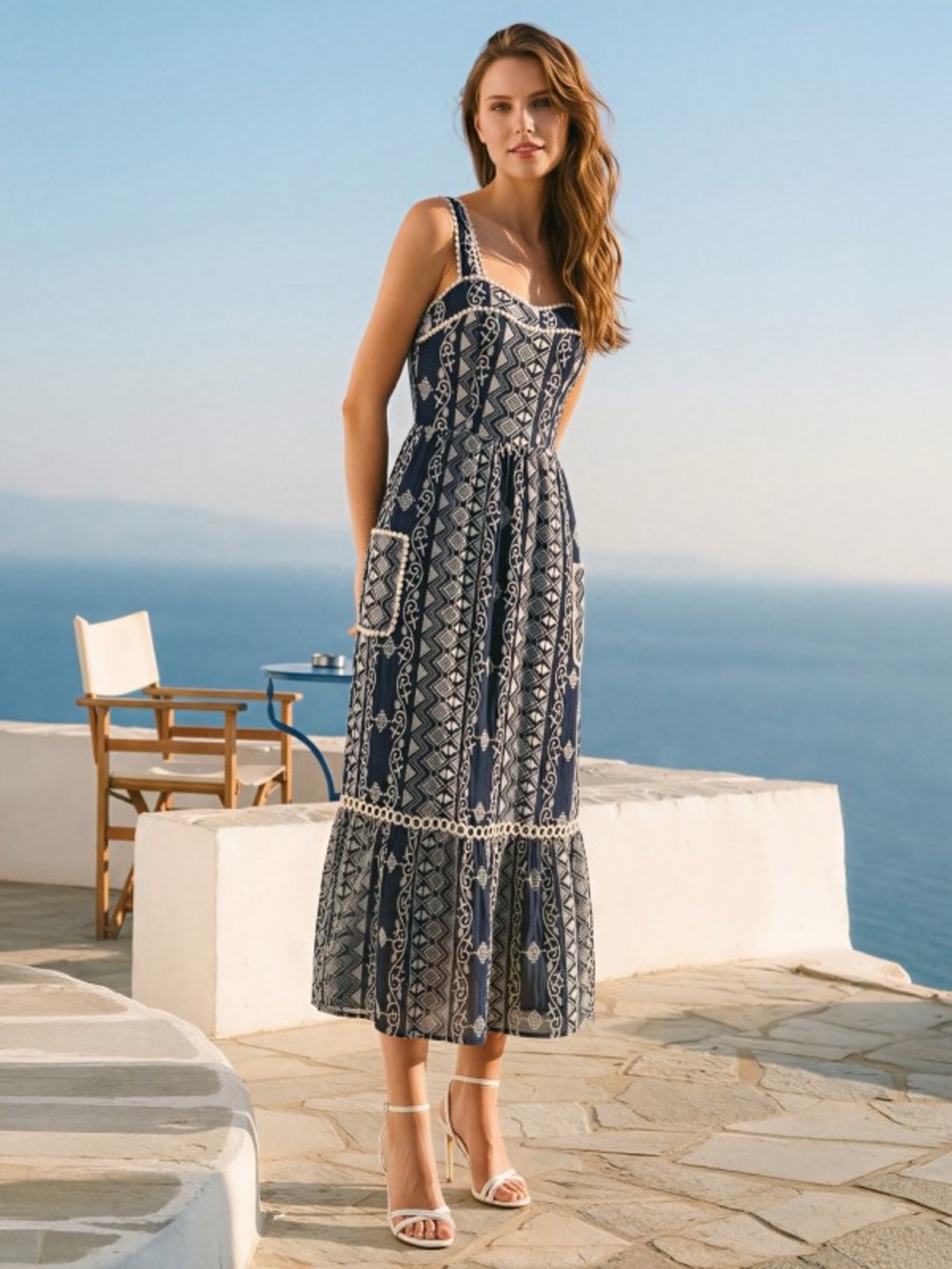 Camellia Navy & White Patterned Maxi Dress with Crochet Trim
